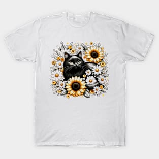 black cat encircled by white and yellow flowers T-Shirt